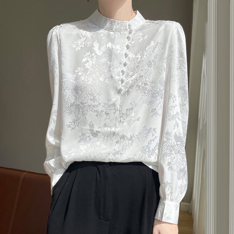 【轻奢品质】立领长袖衬衫女2026春季新款复古提花衬衣气质上衣hq 白色 XL 【建议 105-115斤】