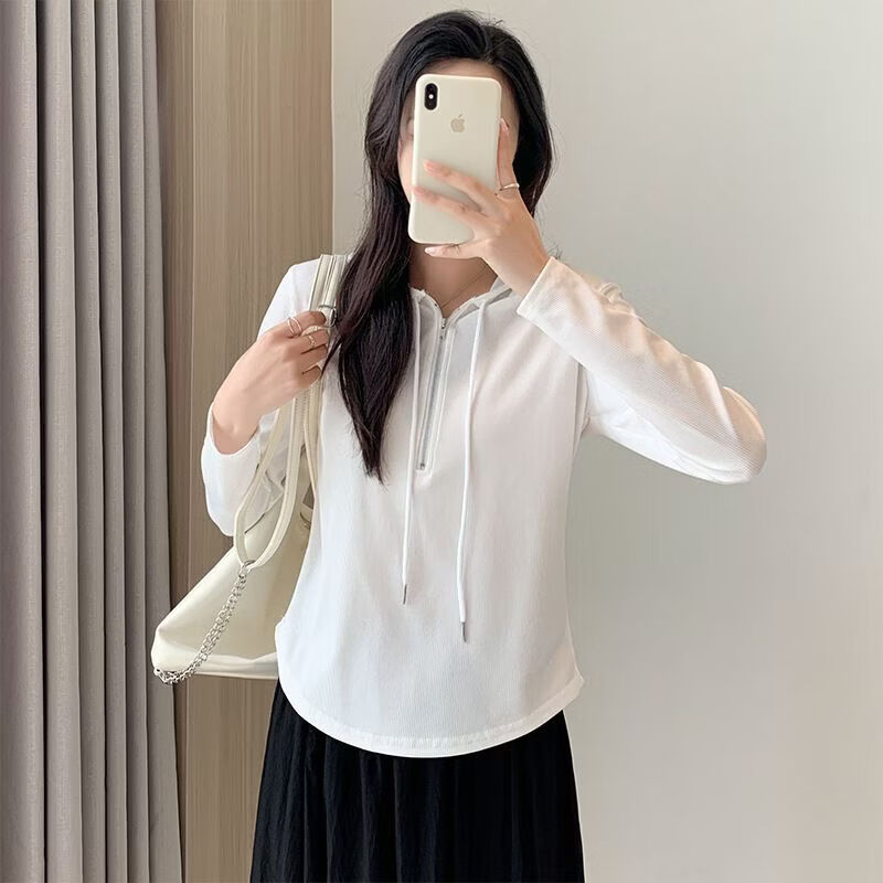 有只绵春款长袖T恤衫女装韩版修身显瘦上衣设计感白色燕尾卫衣女 黑色 L 95-110斤