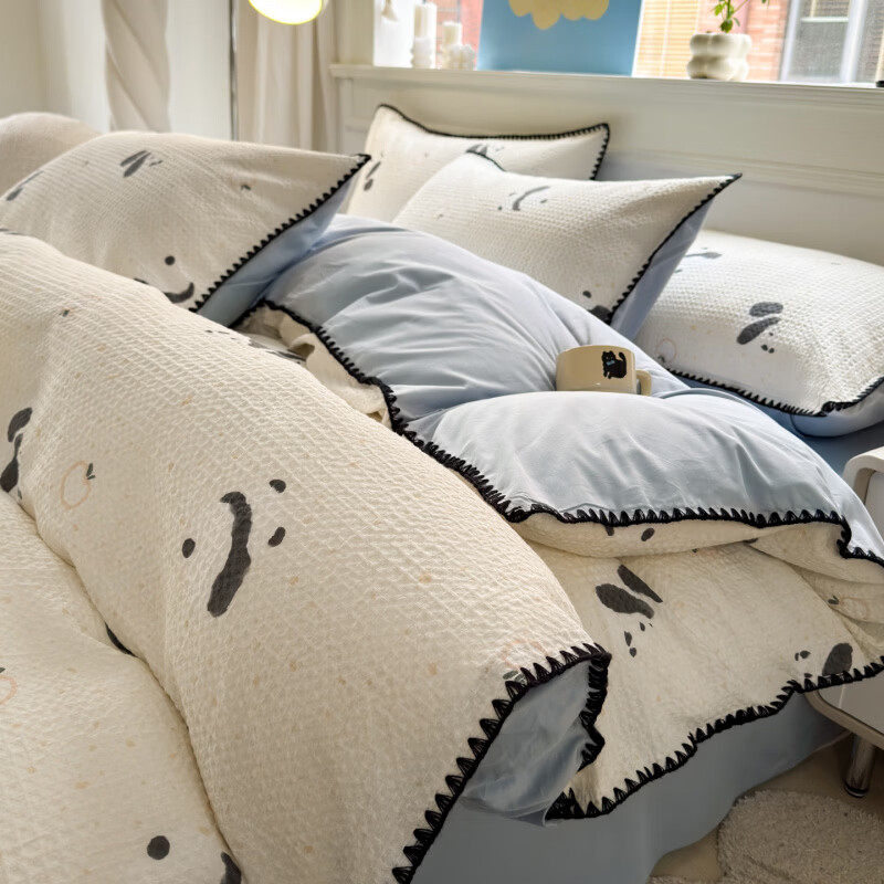 水星家纺水洗棉床上四件套纯棉超柔裸睡被套床单被罩四件套床上用品 苏潘达灰 床笠款 1.8m四件套-被套220*240