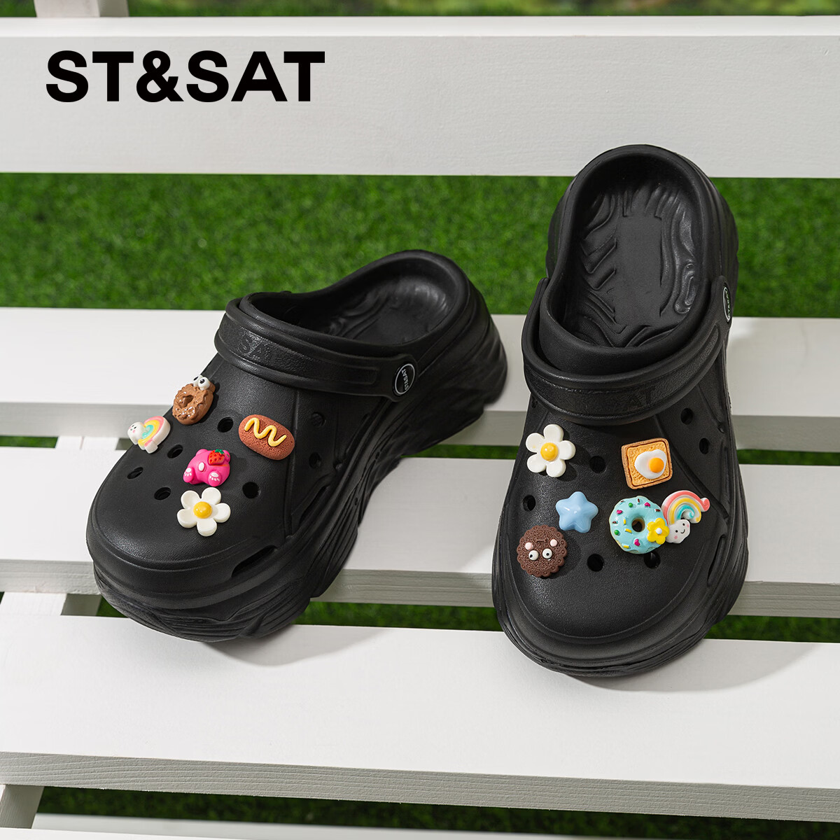 星期六2026夏季新款休闲洞洞鞋女两穿百搭沙滩鞋凉拖鞋厚底增高外穿拖鞋 黑色 【草莓熊】 37