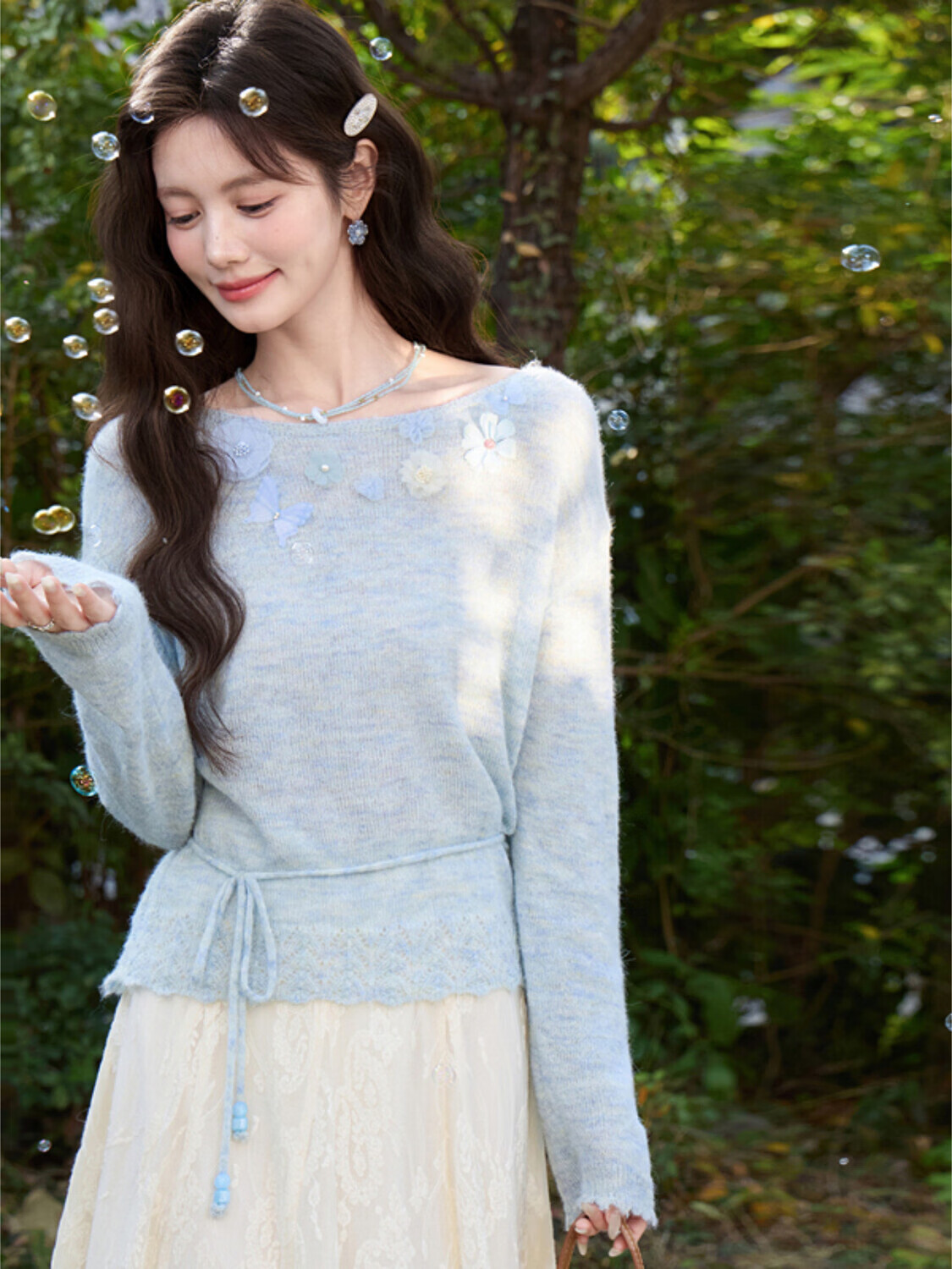 鹿向南「雾蓝花信」法式气质蓝色针织衫女春季高级慵懒感罩衫上衣 蓝色 针织衫/送腰带 M