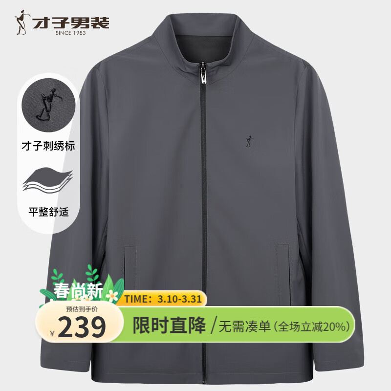 才子（TRIES）外套男行政夹克男士商务休闲立领春秋新款通勤风上衣男 灰色 XL (175/92A)