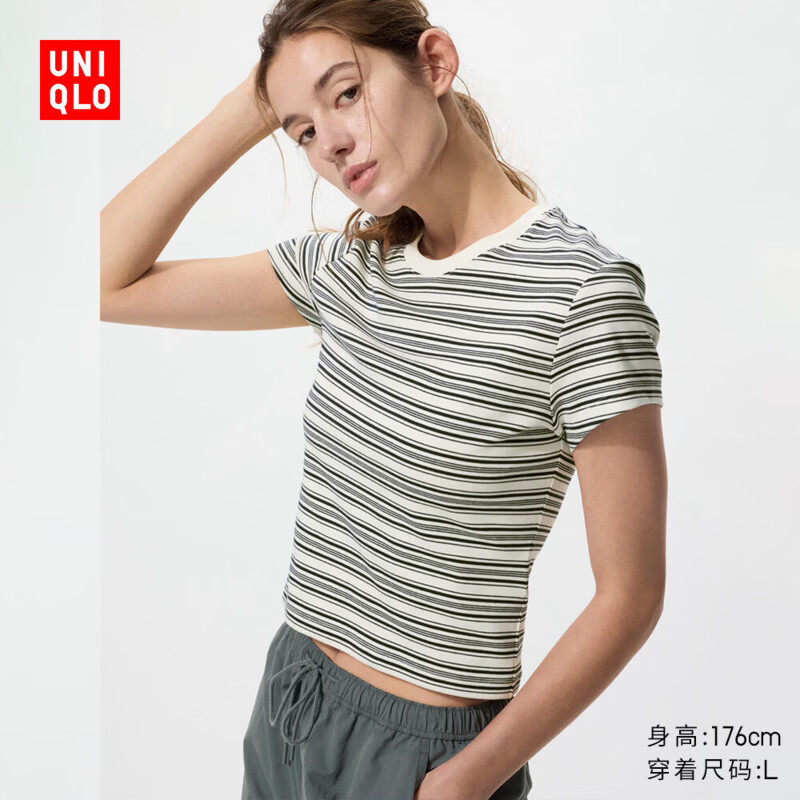 优衣库女装圆领短T恤/条纹26春夏新款483535 01 乳白色 XL