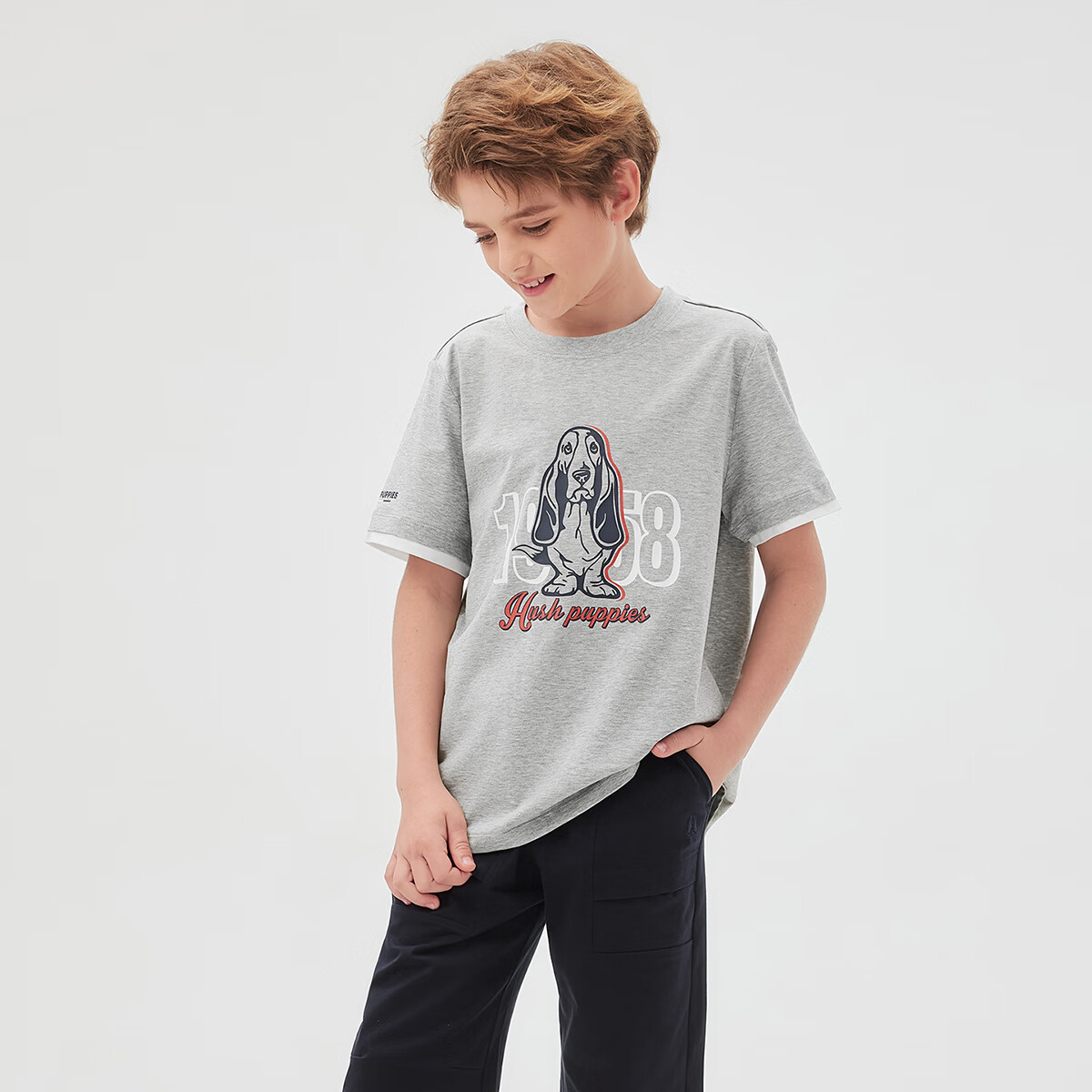 暇步士（Hush Puppies）童装儿童男女童2026春夏新款针织净色假两件圆领衫T恤 花灰 160 cm