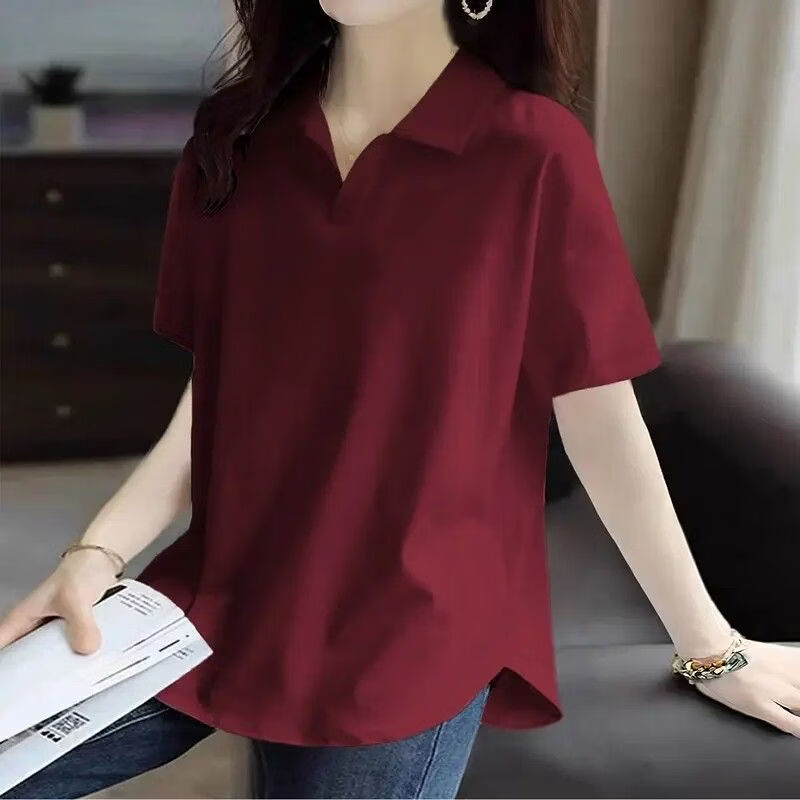 【专柜品质】短袖t恤女夏季POLO翻领大码减龄休闲时尚宽松显瘦JL 酒红-无印花 4XL 建议160-180斤