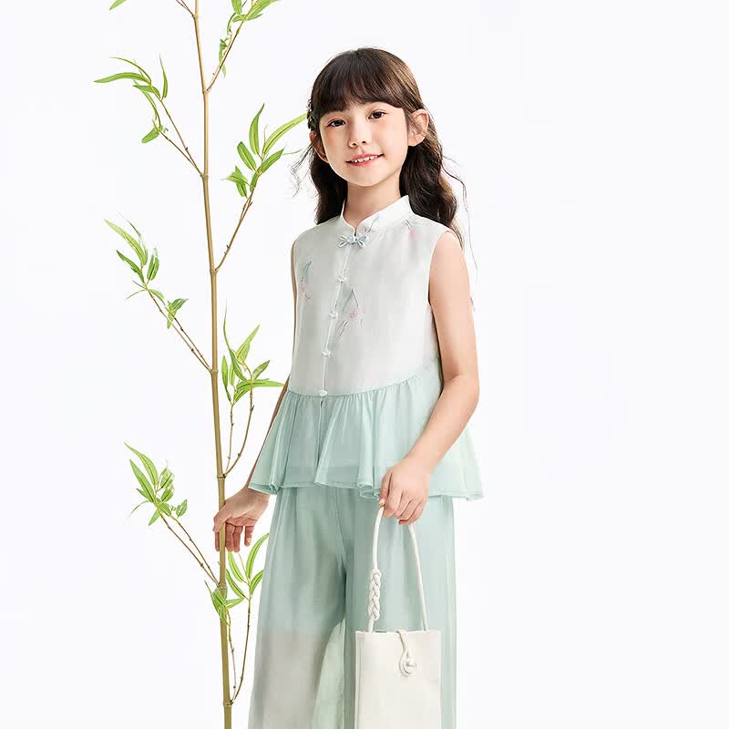 安奈儿（Annil）【天丝国风套装】童装女童夏款立领盘扣荷叶边新中式阔腿裤套装 绿调花 140