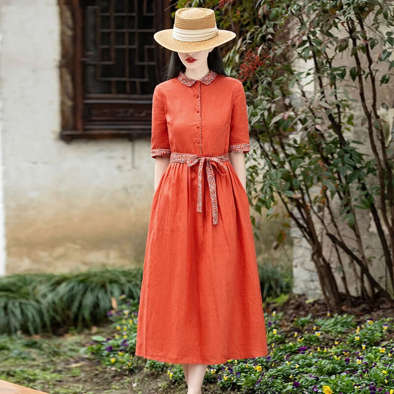 夏典素订女王（SE.PSTP）2026高品质新款高端轻奢大牌捡漏专柜撤回民族风棉麻短袖洋装亚麻 橘色 M 【90斤-105斤】
