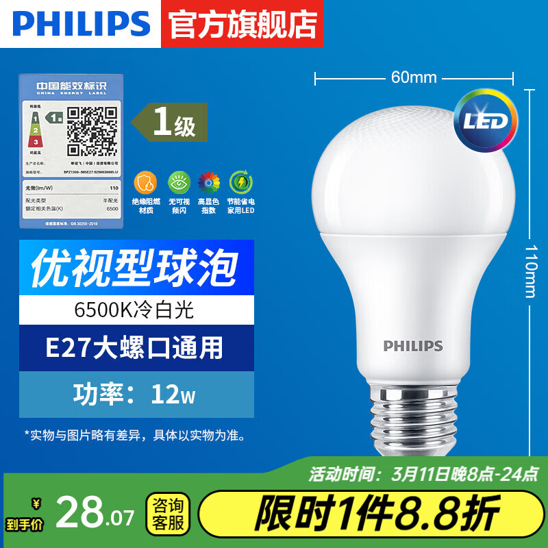 �����֣�PHILIPS��LED���ݽ��ܵƳ������ݹ�ԴE27���ݿڵ��ε�����滻�׳�Ƴ��� 1����Ч-������12W6500K E27�ݿ�