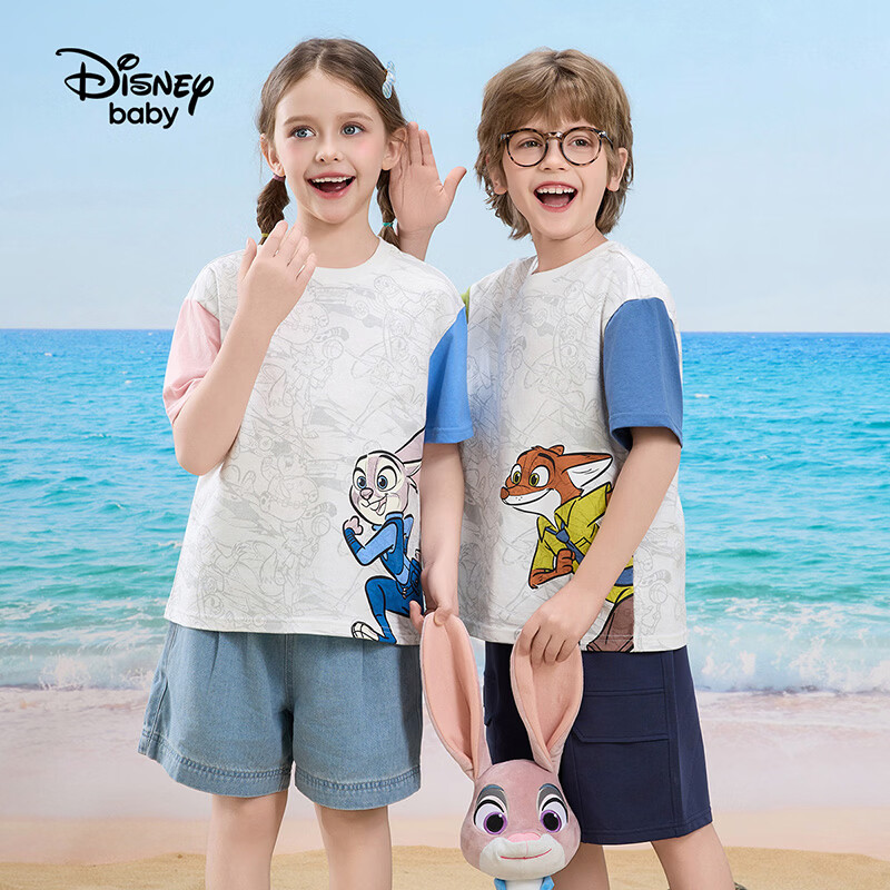 迪士尼（Disney）童装男女童纯棉短袖t恤2026夏新款疯狂动物城印花宽松上衣打底衫 粉蓝 120 高115-125cm重40-50斤