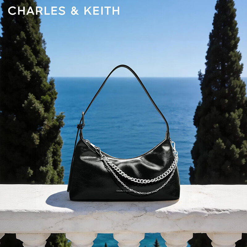 CHARLES&KEITH柔软拉链式褶皱单肩包腋下包包女包女士生日礼物CK2-40782472 Noir黑色 S