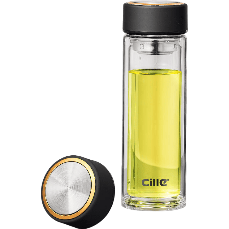 希乐（cille）双层玻璃杯泡茶杯男款茶水分离大容量耐高温带盖保温杯水杯2025 骑士黑420ml【钢芯盖+厚底】 来图团购定制