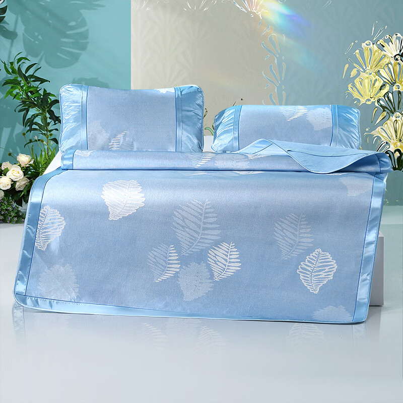 富安娜家纺 冰丝凉席单人席子1.5米双人提花席三件套 清风-蓝 三件套- 1.5米床- 150cm*200cm