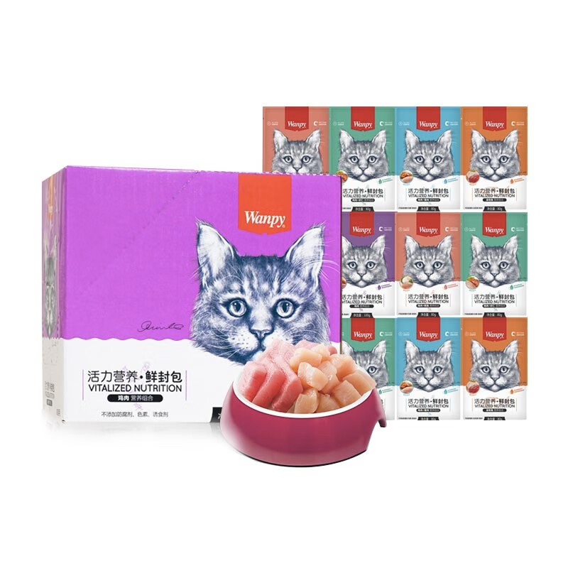 顽皮（Wanpy）宠物猫粮 猫湿粮 猫罐头 猫用鸡肉顽皮鲜封包猫零食 整盒装 混合口味80g*15袋