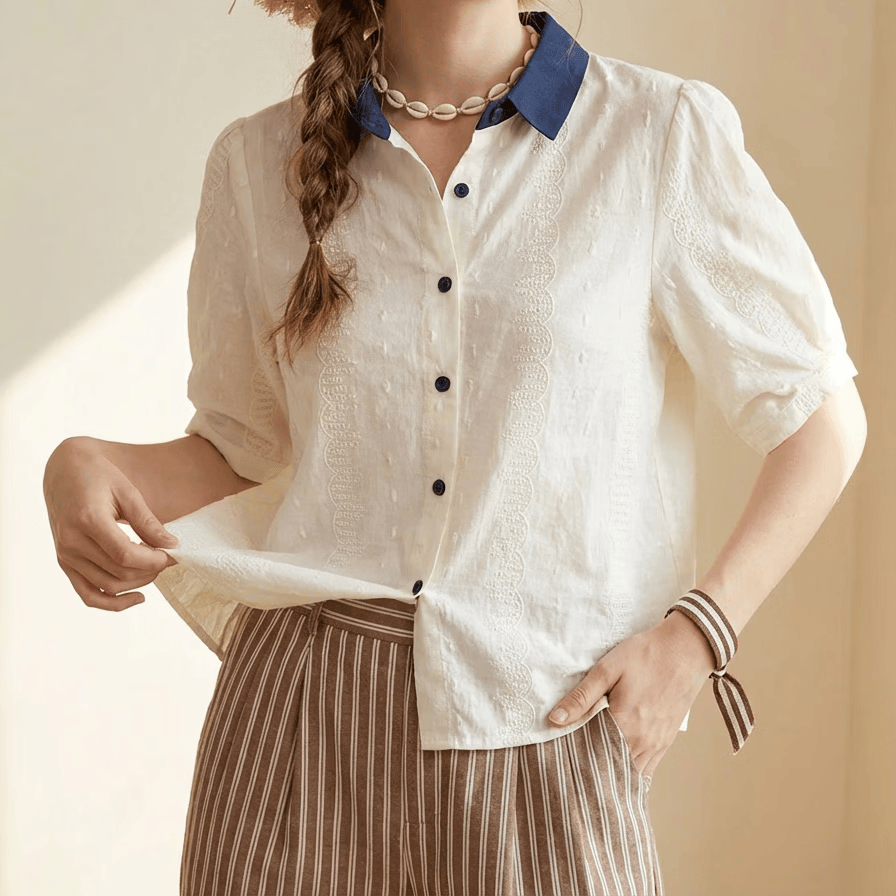【源头直采】衬衫女短袖夏季新款撞色拼接翻领上衣纯棉绣花衬衣 杏色 M