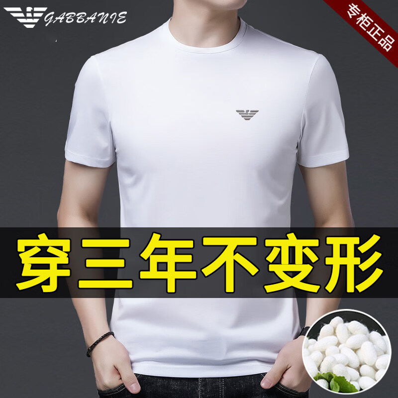 GABBANIE意大利正品高端桑蚕丝男士短袖t恤夏季纯色圆领名牌半袖体 国际一线品牌白色-V领 XL 175_【建议135-150斤】