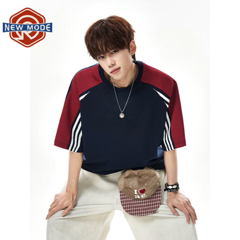 NEW OR MODE美式复古条纹短袖t恤男夏季新款宽松拼接撞色百搭情侣半袖上衣T恤 藏青色【高品质】 M 【建议90-110斤】
