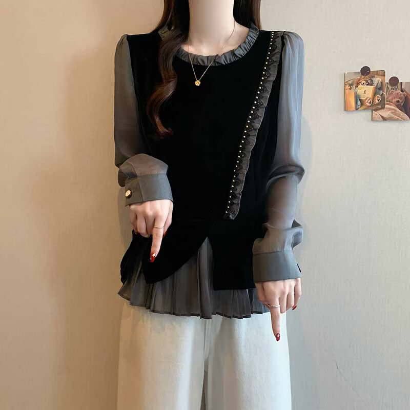 【轻奢品质】2026春季新款时尚气质丝绒拼接木耳边显瘦假两件衬衫 【黑色】 XL 【建议115-130斤】