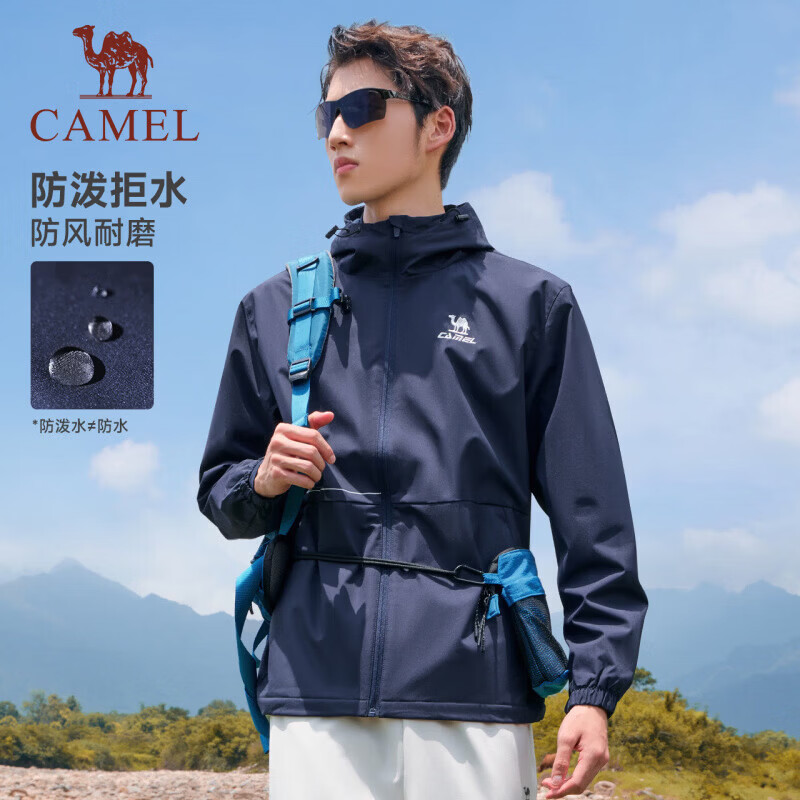 骆驼（CAMEL）运动外套男加绒保暖连帽户外防风防雨单冲登山服 J13CZ07070A，墨蓝色，男 M