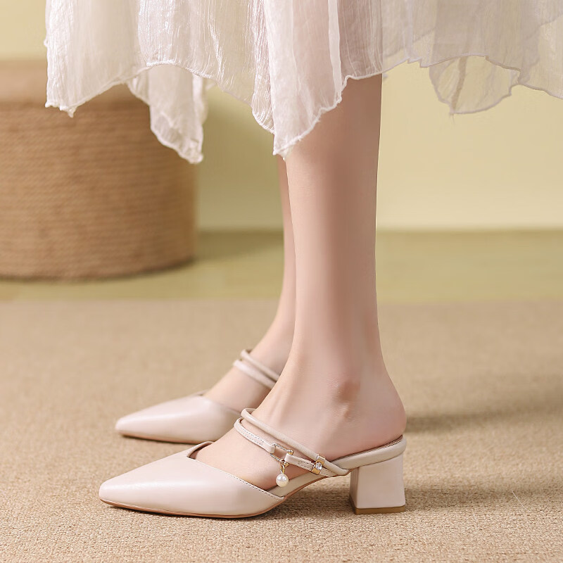 女夏包头中跟2026年夏季新款小码3233尖头法式粗跟 杏色 35