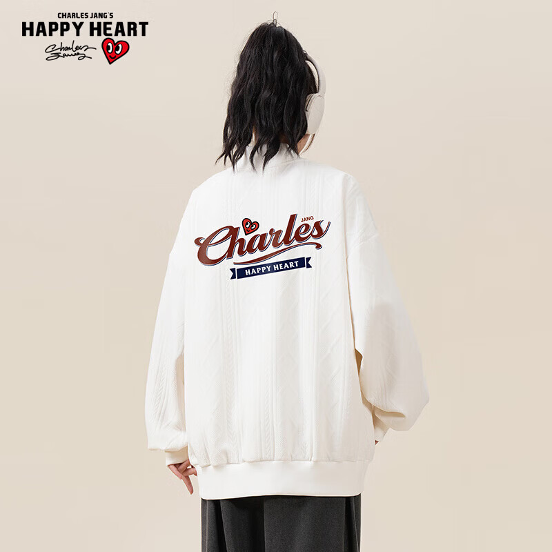 查尔斯桃心 情侣街头嘻哈宽松字母麻花纹理外套秋季男女同款 米白 2XL