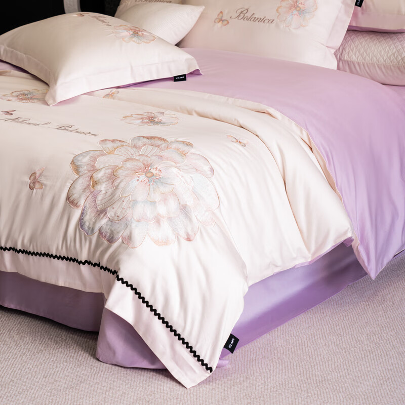 ROLAND LIVE轻奢高级长绒棉刺绣四件套少女花园风被套床单全棉透气床上用品 KZ 全棉刺绣四件套-宝丽安娜白 标准 床单款 【被套200*230cm】