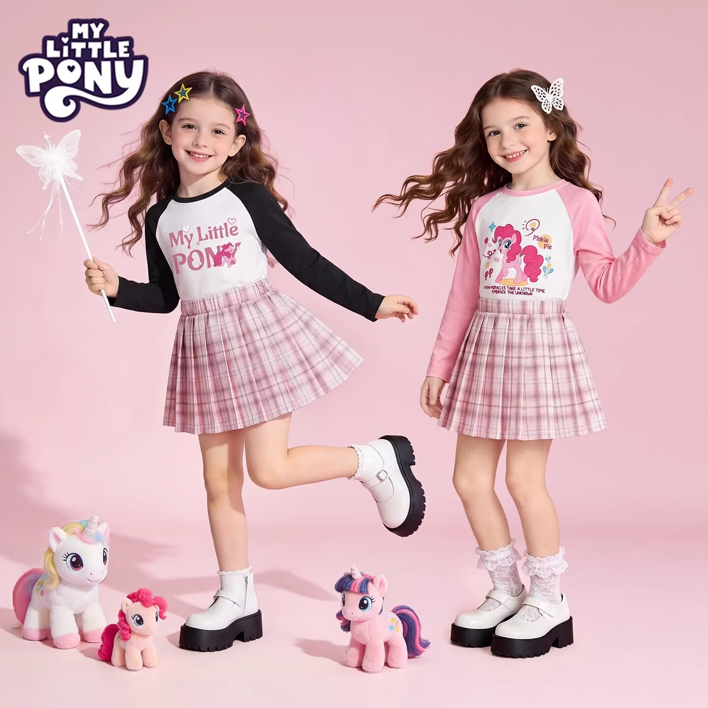 小马宝莉女童洋气纯棉长袖T恤中大童春秋新款儿童撞色休闲印花打底上衣 天马紫悦-黑 150