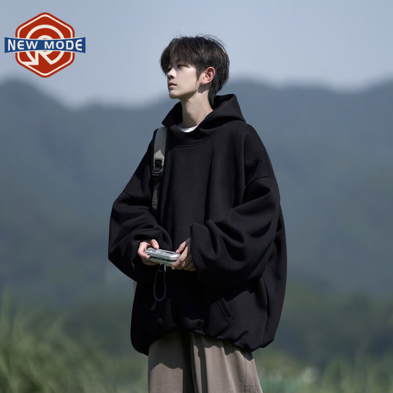 NEW OR MODE美式复古重磅硬挺连帽卫衣男春秋潮牌宽松大码青少年黑色帽衫外套 黑色【高品质】 M 【建议90-110斤】
