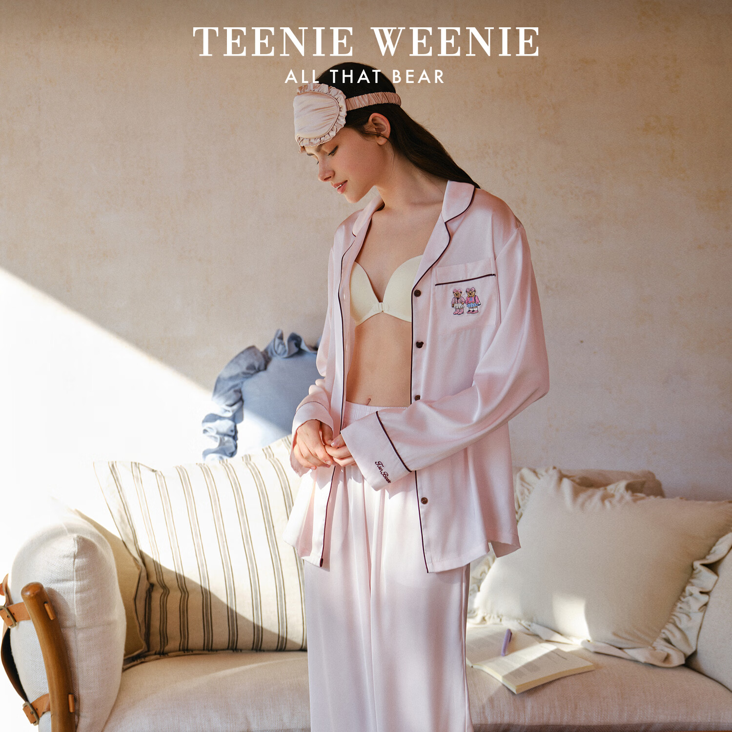 Teenie Weenie睡衣女2026春夏季长袖长裤韩版简约休闲可外穿家居服套装 樱花粉 宅家慢调女士开襟家居服B款 M