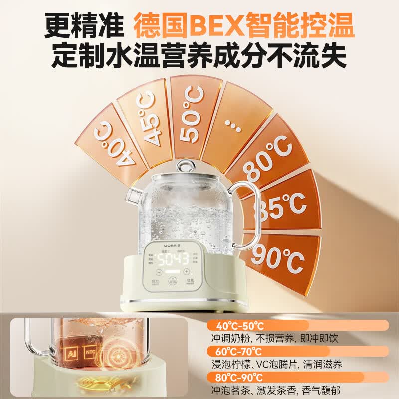 UORRIS欧瑞氏全玻璃养生壶新款0胶水养生烧水壶花茶煮茶器养生煮水壶1.5L保温烧水壶一体全自动恒温 旗舰款【304茶漏+全玻璃炖盅】 1.5L 食品级认证 | 德系钛晶玻璃 |一键除氯净水