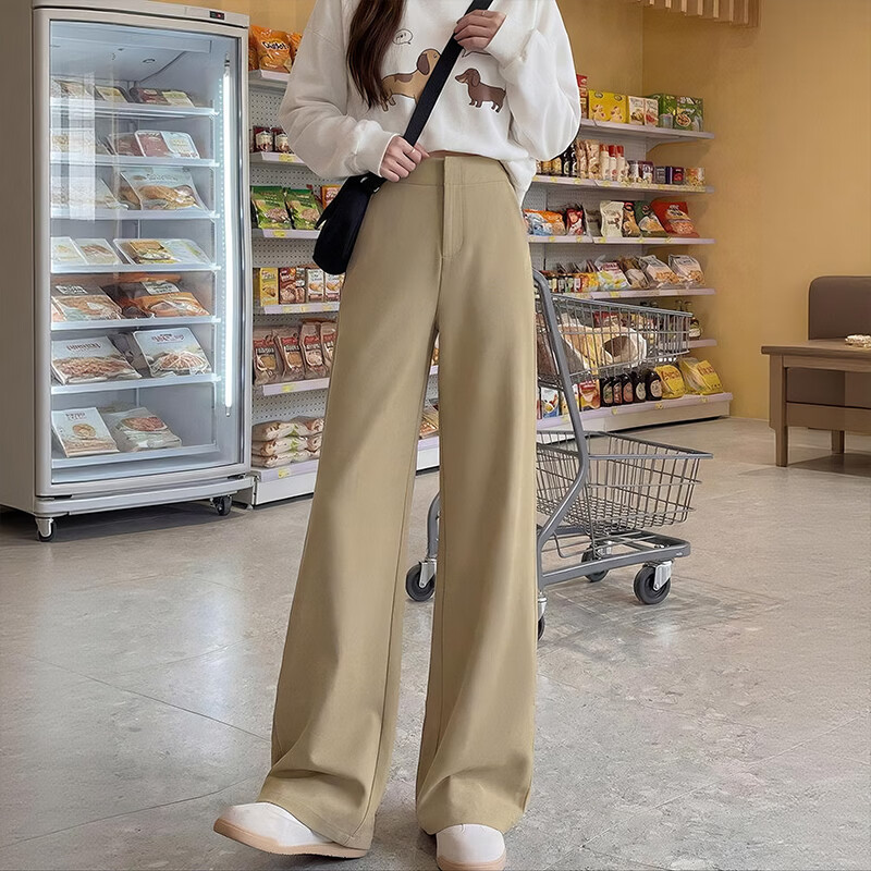 翊尚美卡其色休闲裤女春夏新款高级感垂感老钱风西装裤宽松直筒阔腿裤子 卡其色 【垂顺有型】 M 【 适合99-108斤】