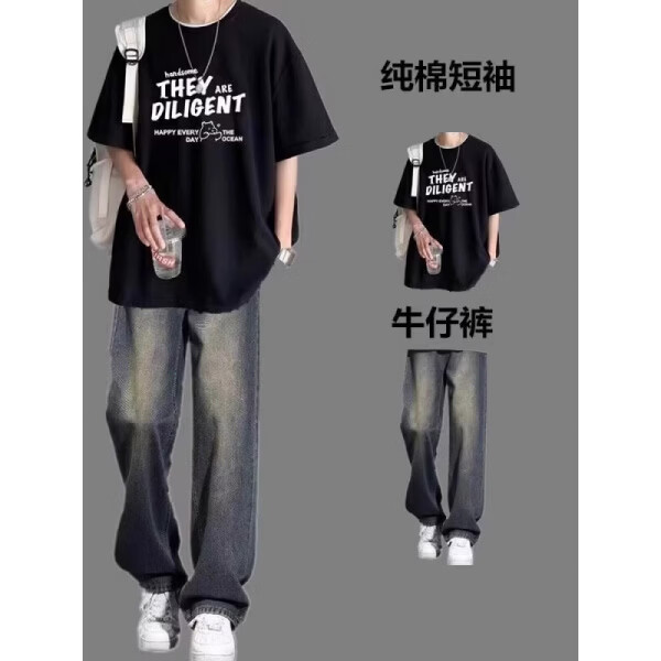 梵姿缇短袖t恤男夏季潮流青少年港风宽松休闲一套穿搭学生夏季短袖套装  【两件套】黑T+K20蓝裤 S