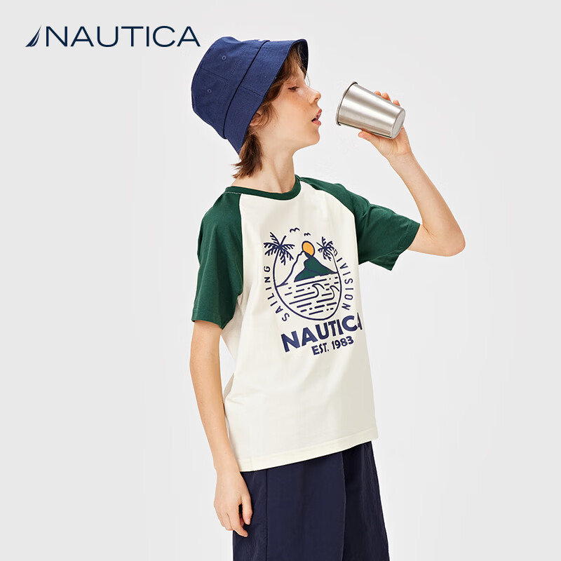 NAUTICA诺帝卡童装 男童女童短袖t恤儿童夏季上衣原纱大童凉感插肩袖衣服 藏青/灰色 170