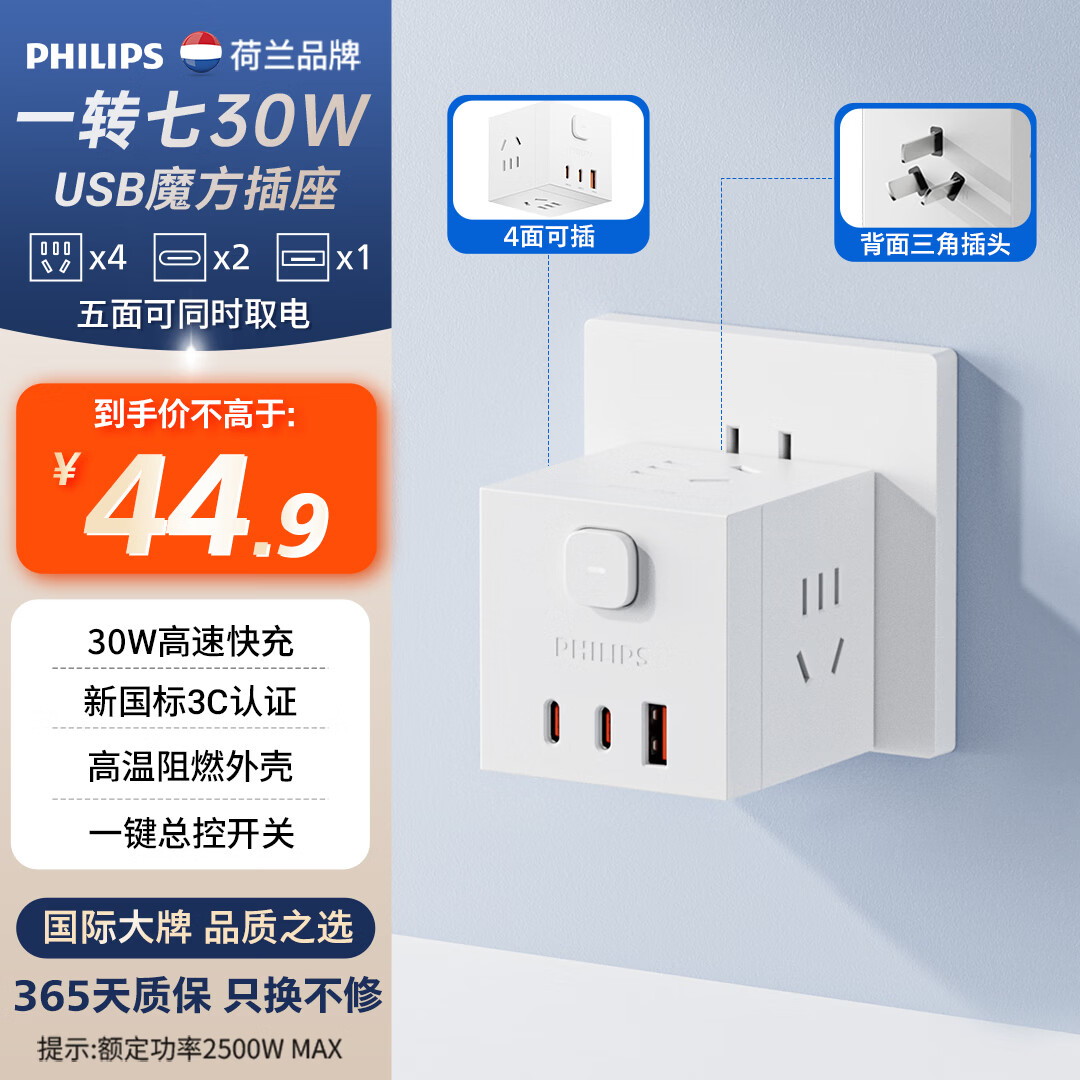 飞利浦（PHILIPS）PD30W魔方USB插座转换器/转换插座插头/Typec插座扩展/一转多插座/多功能插座