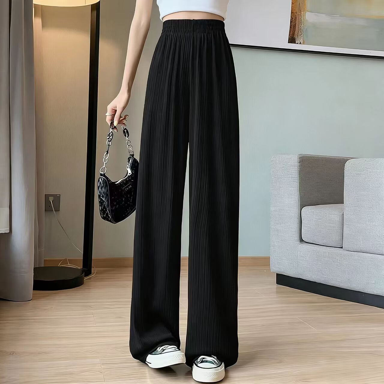 有只绵冰丝阔腿裤女春夏薄款雪纺高腰垂感宽松直筒显瘦休闲长裤不透明 黑色 2XL 适合140-160斤 京东折扣/优惠券