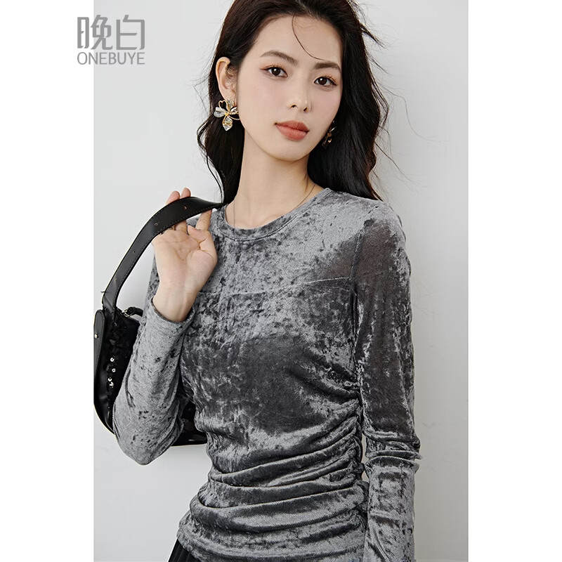晚白2026年春款时尚光泽感丝绒网纱上衣捏褶收腰显瘦弹力百搭T恤衫女 灰色 S