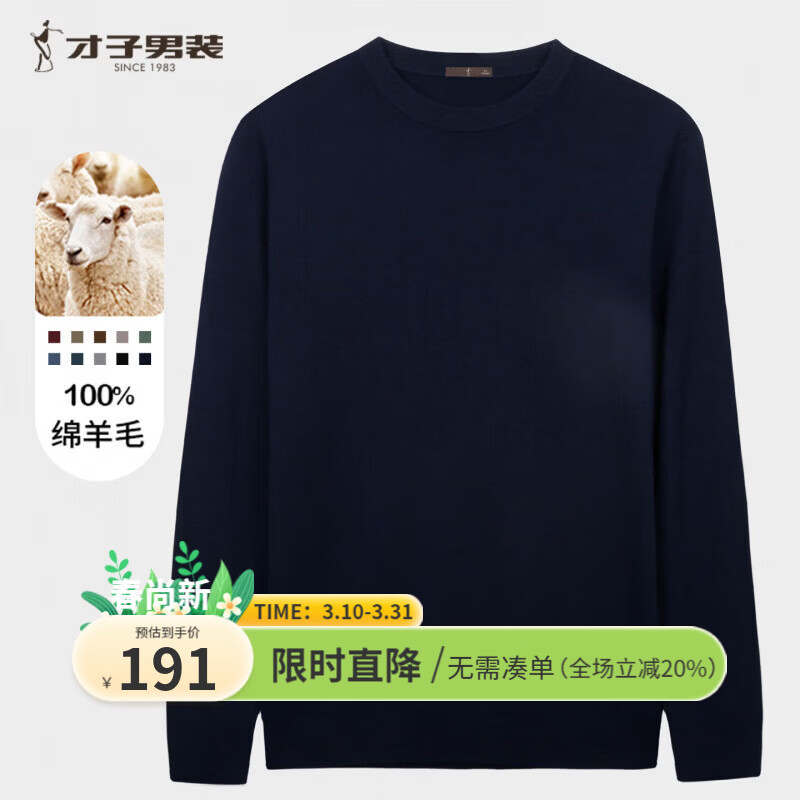才子（TRIES）男士针织毛衫秋冬圆领修身羊毛衫100%纯羊毛轻柔保暖打底衫 藏青色 M 46 (165/84A)
