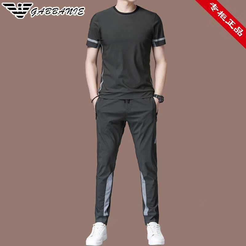 阿玛尼（ARMANI）意大利正品男士休闲运动套装夏季圆领冰丝短袖男T恤中青年两件套 国际一线品牌AG_F9803灰绿_收脚 2XL 180_【建议150-165斤】