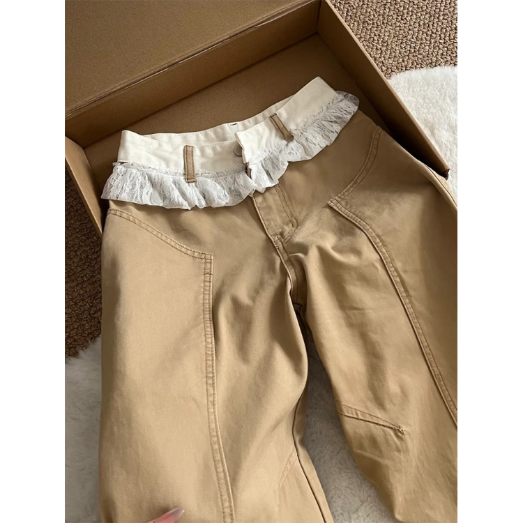 MODX卡其色设计感蕾丝拼接弯刀牛仔裤女2025秋季宽松显瘦阔腿拖地裤子 卡其色 S