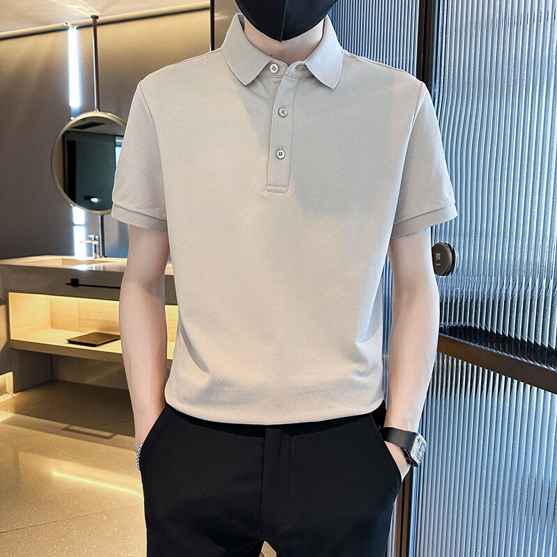 JPUZ痞帅纯色短袖polo衫男2026新款夏季带领半截袖休闲棉T恤上衣潮 米杏色 M