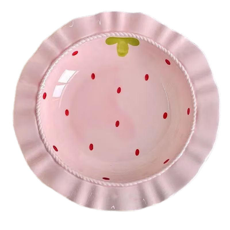 食品级草莓陶瓷餐盘可爱家用宿舍草帽盘蛋糕盘高颜值精致餐具碗盘 8.5英寸-草莓裙花边盘1个装