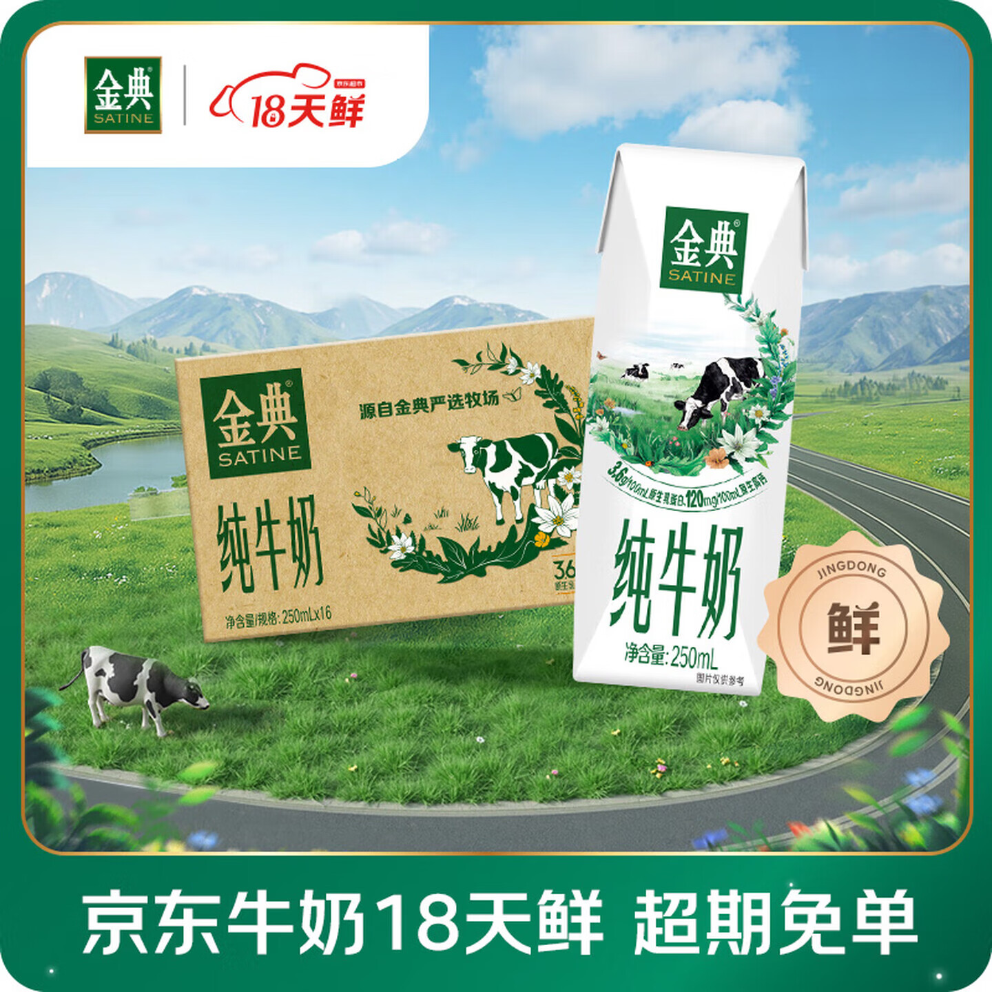 伊利【18天新鲜直达】金典纯牛奶250ml*16盒3.6g乳蛋白 礼盒装