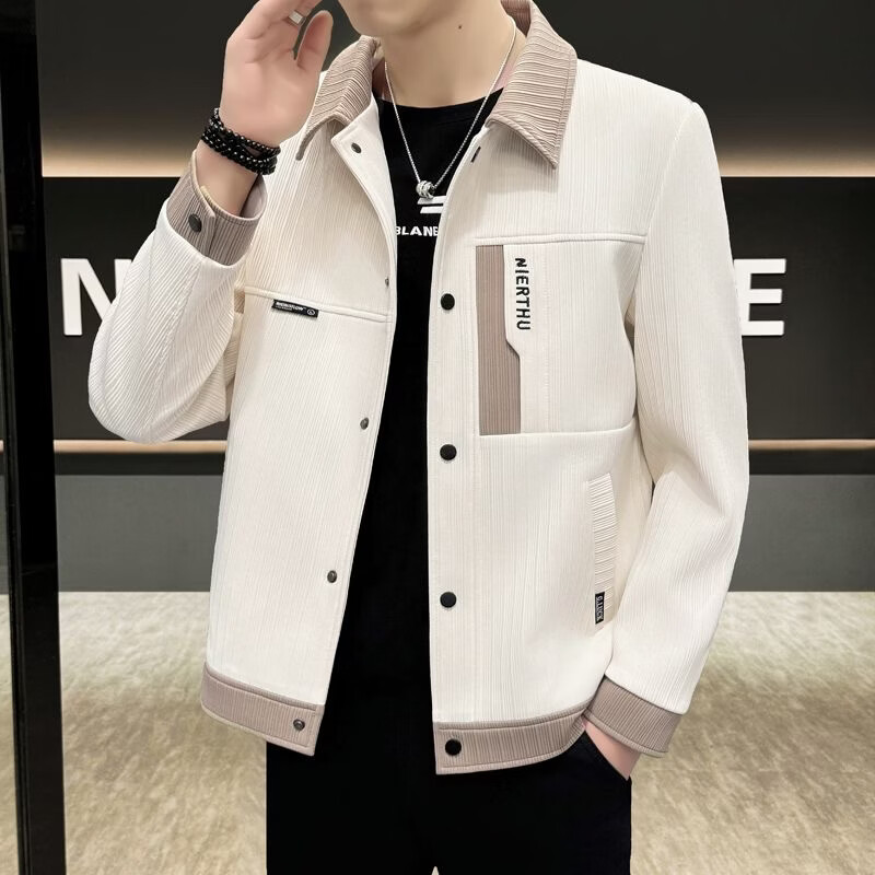 罗鸣老人【高档轻奢】2026新款简欧春夏夹克 时尚帅气拼色翻领外套 白色 2XL （建议140-160斤）