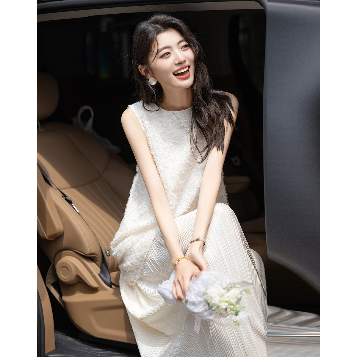 德玛纳【设计感假两件】夏季轻薄慵懒立体剪花无腰线直筒压褶女式连衣裙