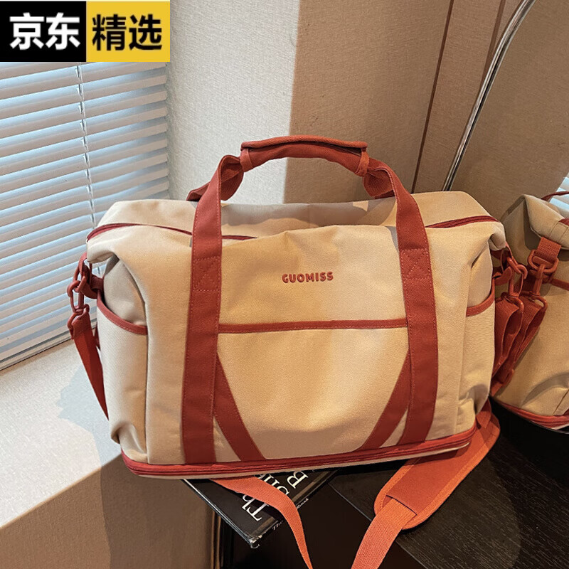 稻草人大容量旅行包女短途出差行李包男轻便手提包运动健身包待产收纳袋 卡其色 扩容款