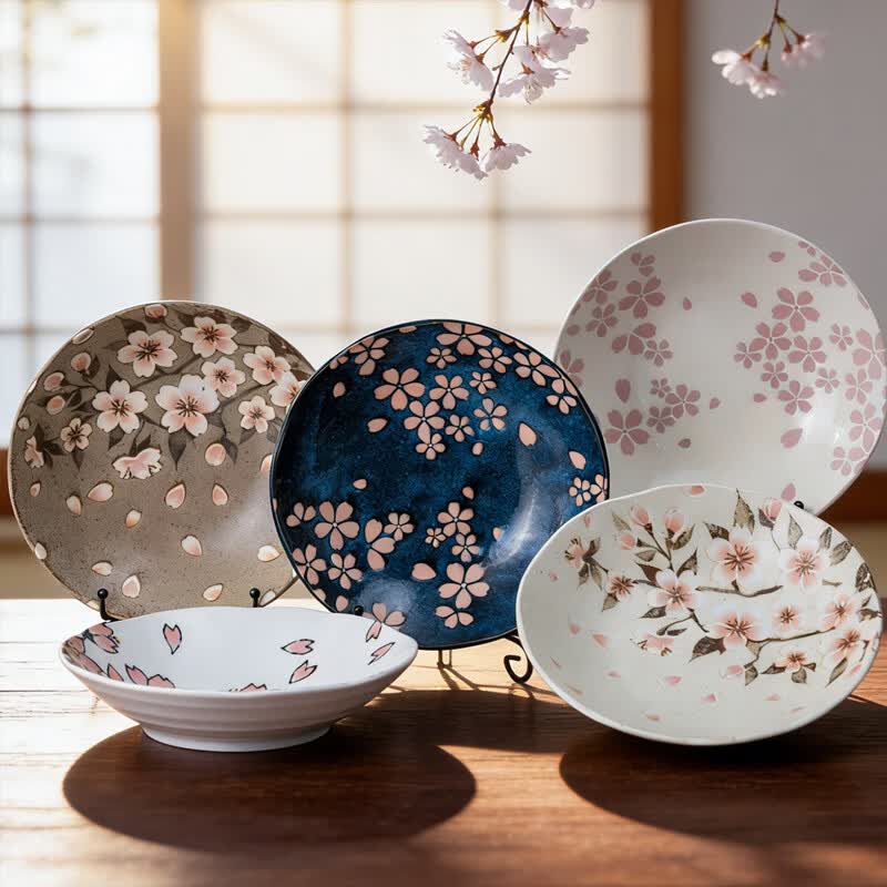 美浓烧（Mino Yaki）日本进口家用浮雕樱花陶瓷菜碟盘子日系侘寂深盘 21.0cm深盘_5个1套
