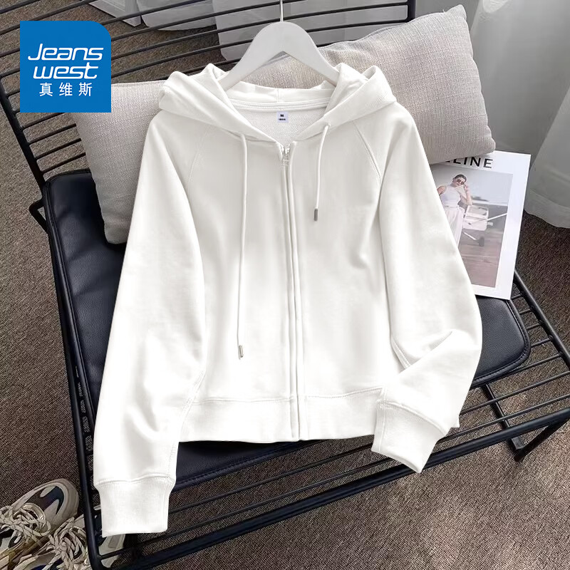 真维斯（Jeanswest）连帽卫衣外套女款春秋2026新款爆款小个子时尚百搭风拉链短款开衫 白色 纯色 L