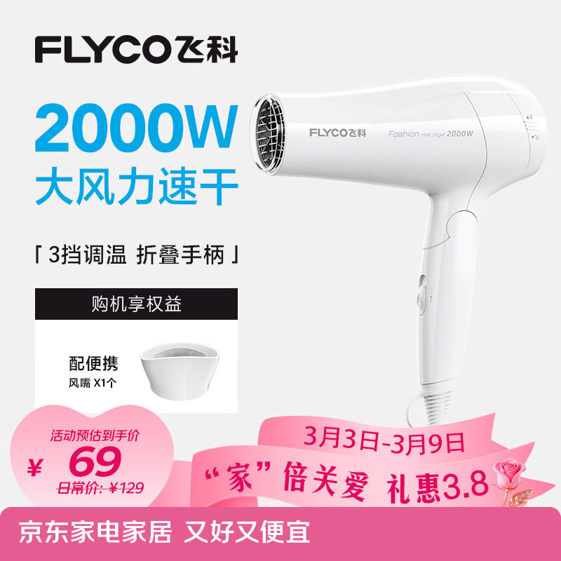 飞科（FLYCO）电吹风机家用发廊大功率2000W速干恒温便携可折叠白色FH6232