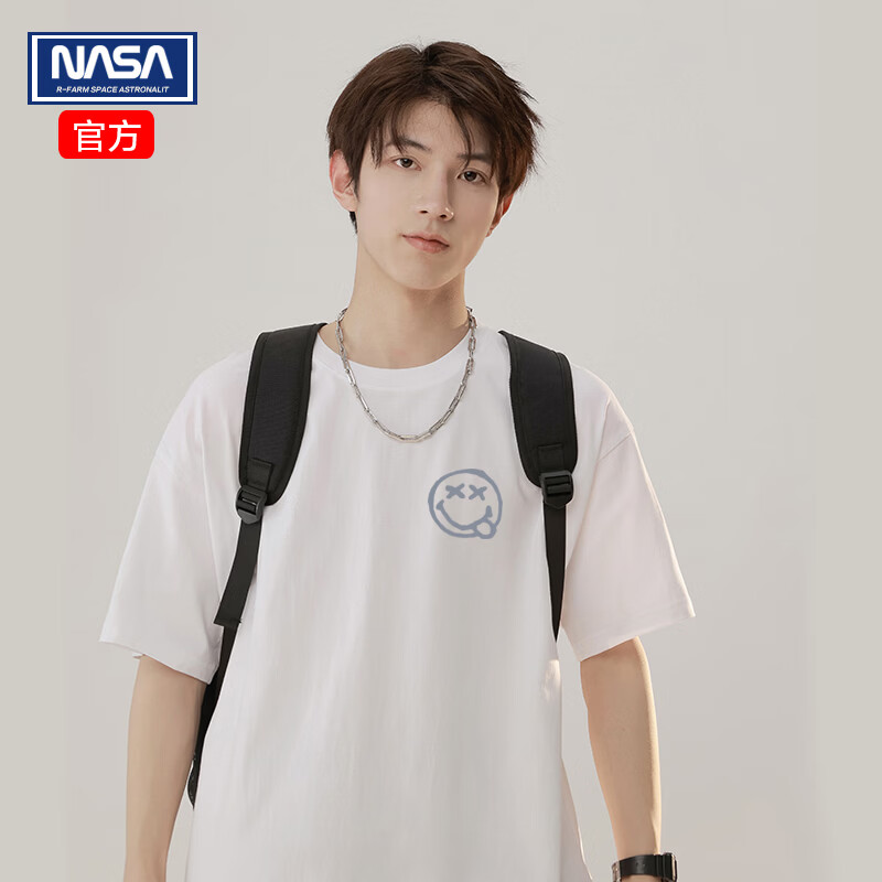 NASAR-FARM【纯棉100%亲肤】夏季男士短袖T恤休闲重磅加厚圆领体恤情侣上衣 白色 DLJ9004笑脸 3XL (身高180-185cm、体重180-200斤)