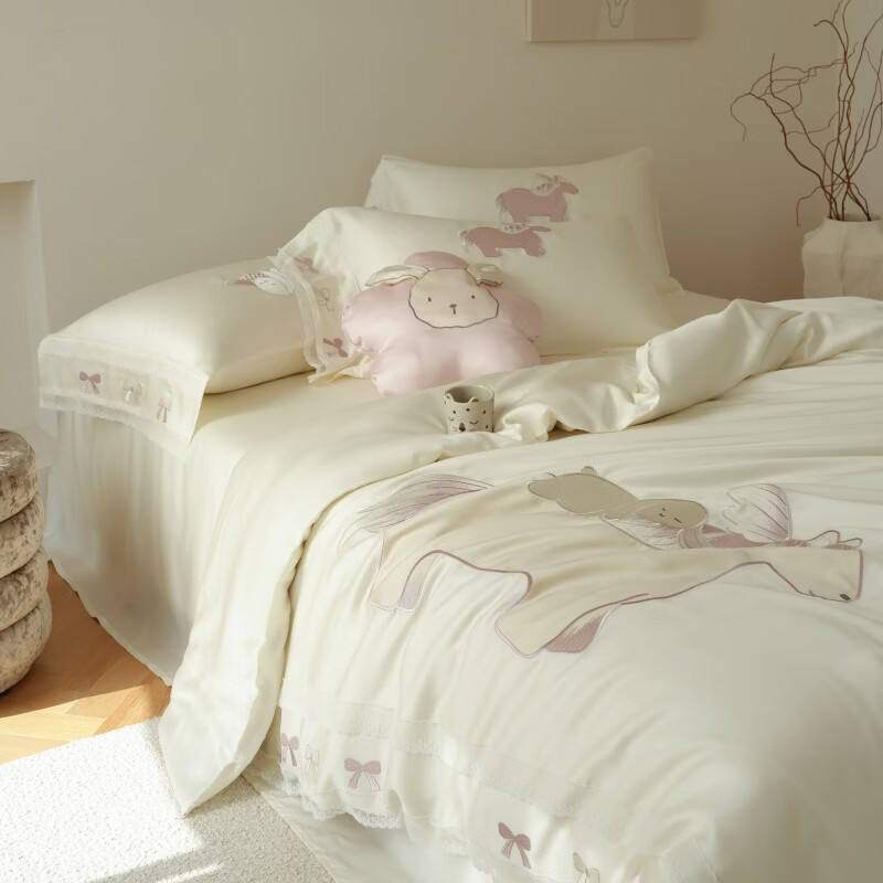 ROLAND LIVE60莱赛尔天丝四件套公主风刺绣被套春夏新款1.8米床上用品套件 JCZY 莱赛尔天丝套件-以梦为马白色 1.2米床 床单款 【被套150*200cm】