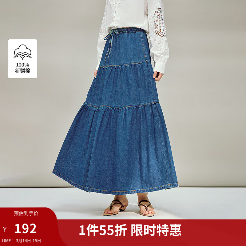 茵曼（INMAN）复古高腰牛仔半身裙2026春季女装新款显瘦a字宽松蛋糕裙子 牛仔蓝 M